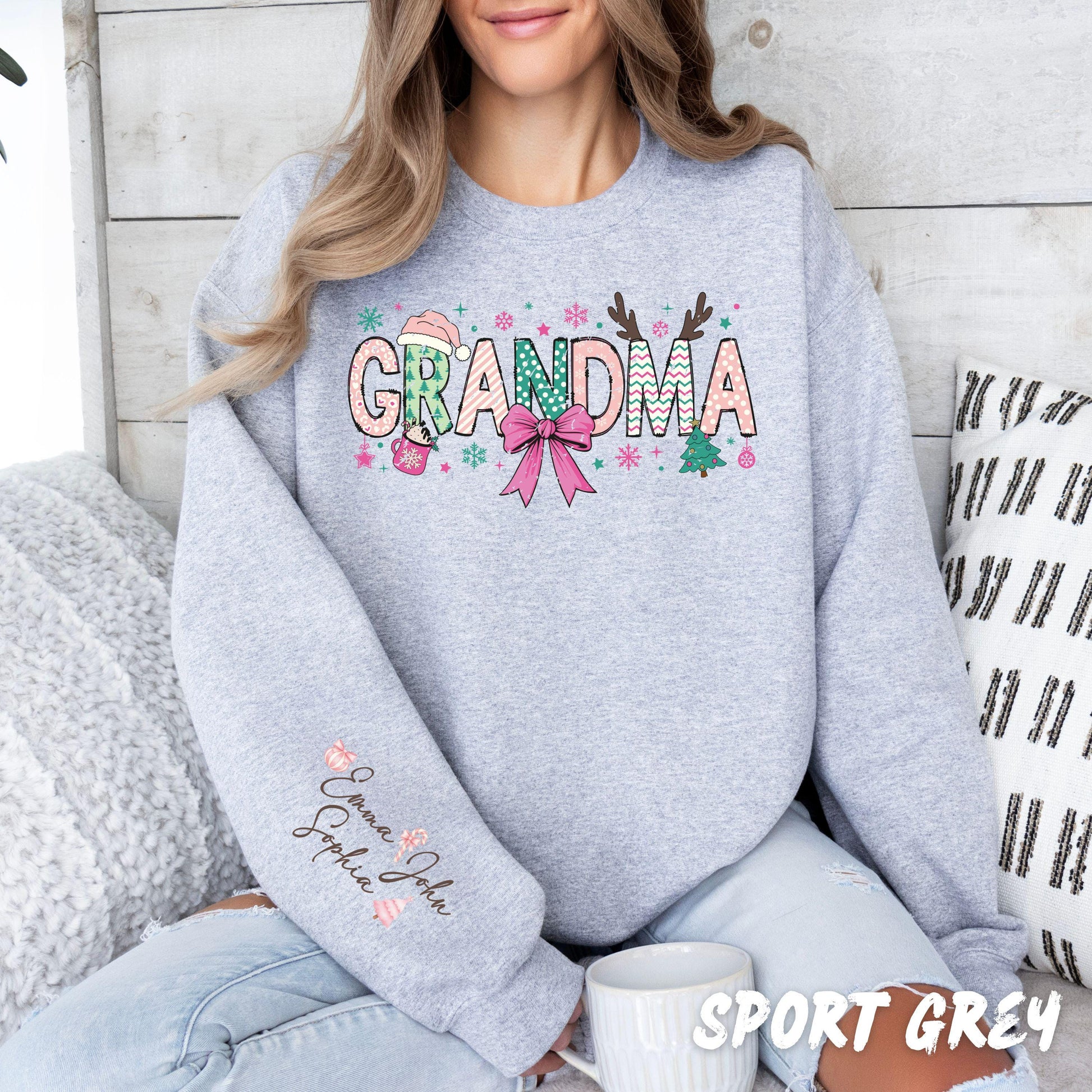 Grandma Christmas Sweatshirt • Personalized Name Sleeve • Cute Holiday Grandma Gift Sweater