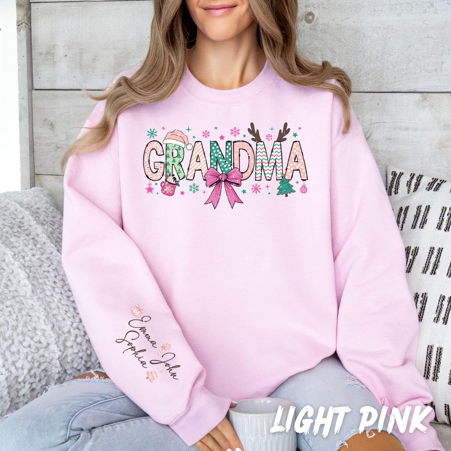 Grandma Christmas Sweatshirt • Personalized Name Sleeve • Cute Holiday Grandma Gift Sweater