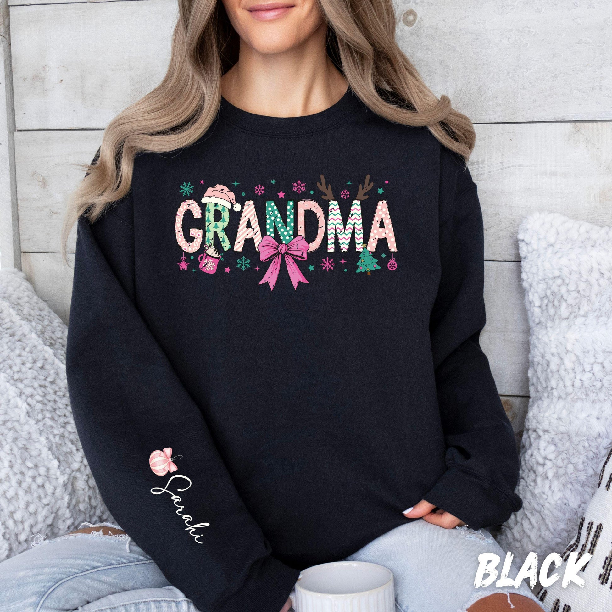 Grandma Christmas Sweatshirt • Personalized Name Sleeve • Cute Holiday Grandma Gift Sweater