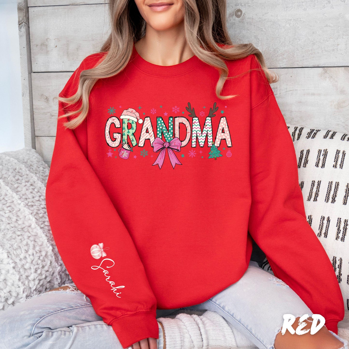 Grandma Christmas Sweatshirt • Personalized Name Sleeve • Cute Holiday Grandma Gift Sweater