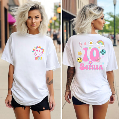 Personalized Birthday Girl Shirt – Custom Name and Age Retro Smiley - Kids Groovy Birthday T-Shirt