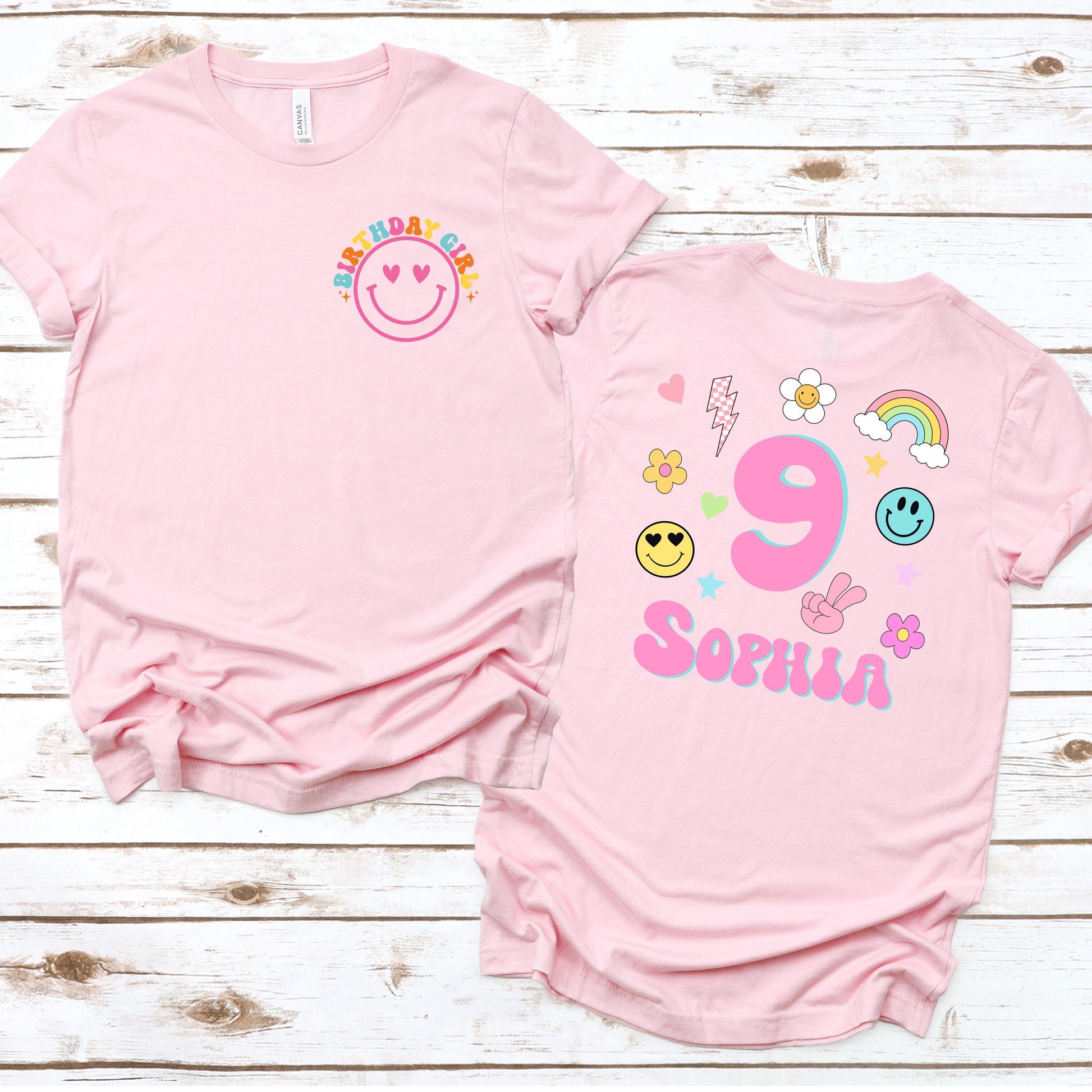 Personalized Birthday Girl Shirt – Custom Name and Age Retro Smiley - Kids Groovy Birthday T-Shirt