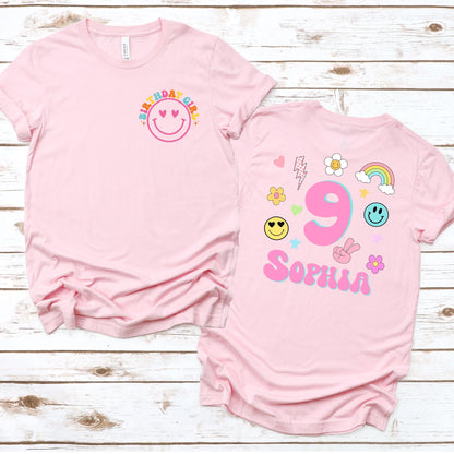 Personalized Birthday Girl Shirt – Custom Name and Age Retro Smiley - Kids Groovy Birthday T-Shirt