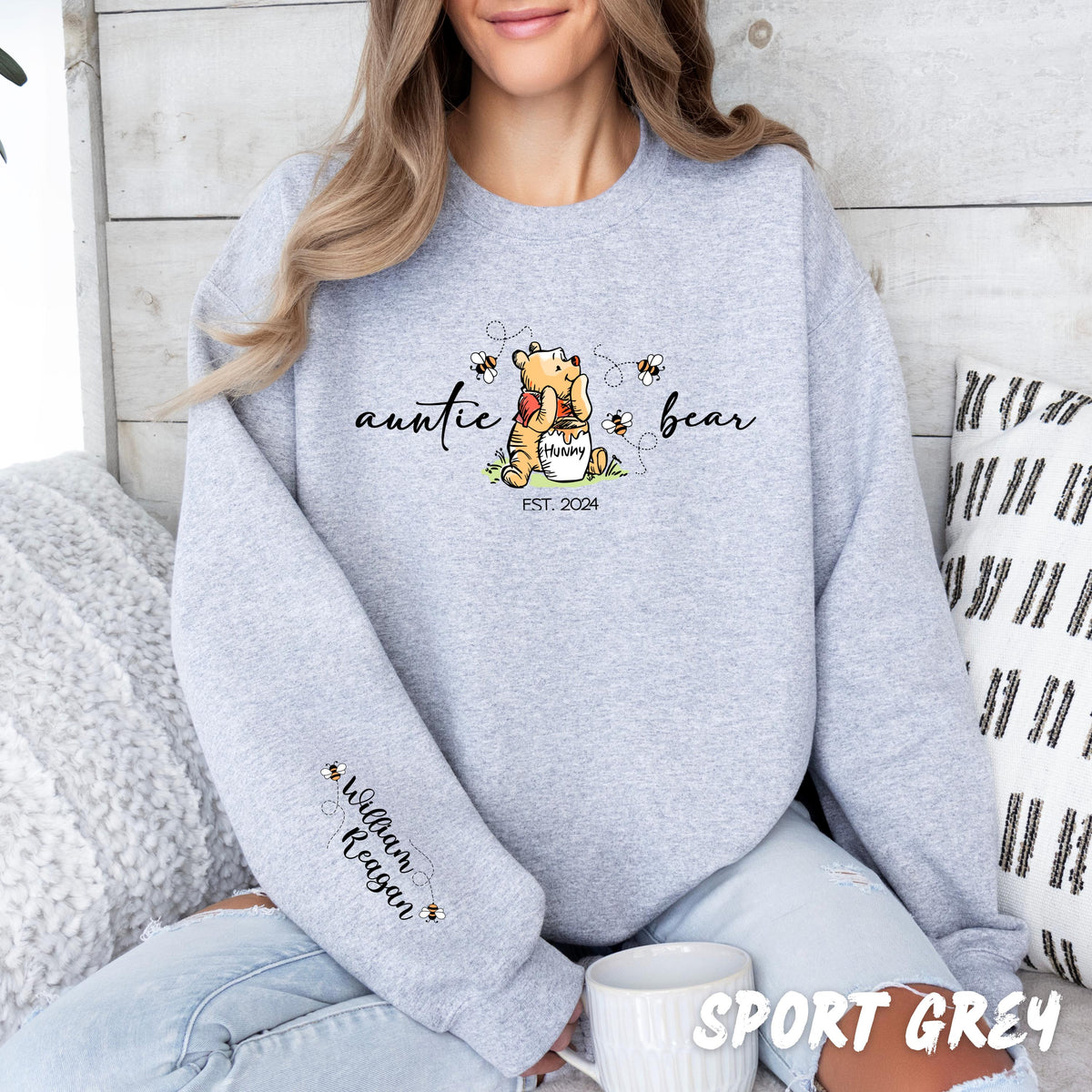 Personalized Grandma Bear Sweatshirt - Custom Crewneck Grandkids' Names on Sleeve, Mama Bear Crewneck, Unisex Cotton Blend Grandma Gift