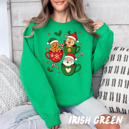 Christmas Sweatshirt • Gingerbread, Reindeer & Santa in Holiday Mugs • Cozy Winter Sweater