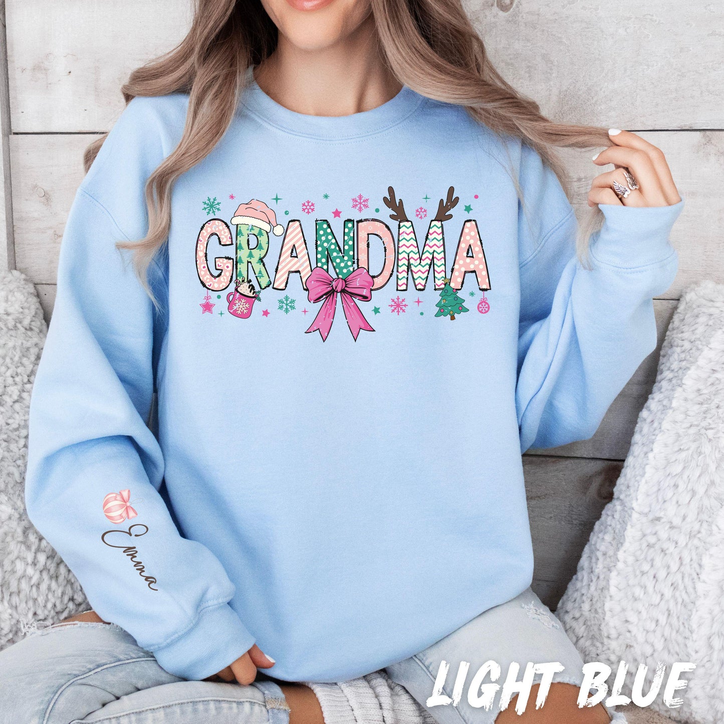 Grandma Christmas Sweatshirt • Personalized Name Sleeve • Cute Holiday Grandma Gift Sweater