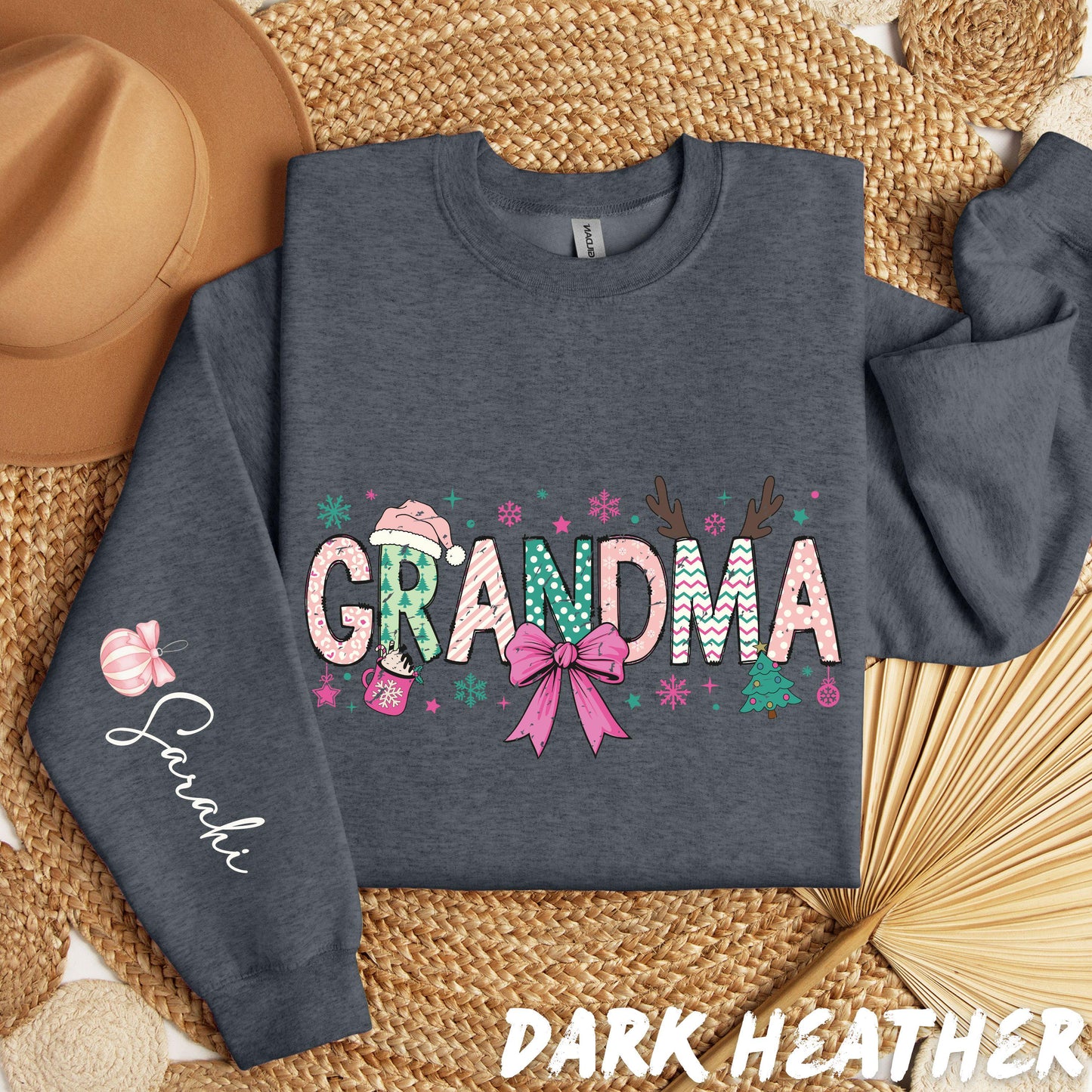 Grandma Christmas Sweatshirt • Personalized Name Sleeve • Cute Holiday Grandma Gift Sweater