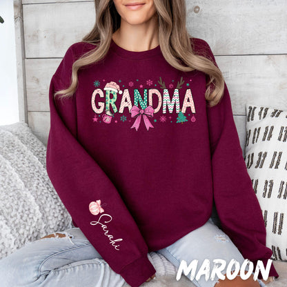 Grandma Christmas Sweatshirt • Personalized Name Sleeve • Cute Holiday Grandma Gift Sweater