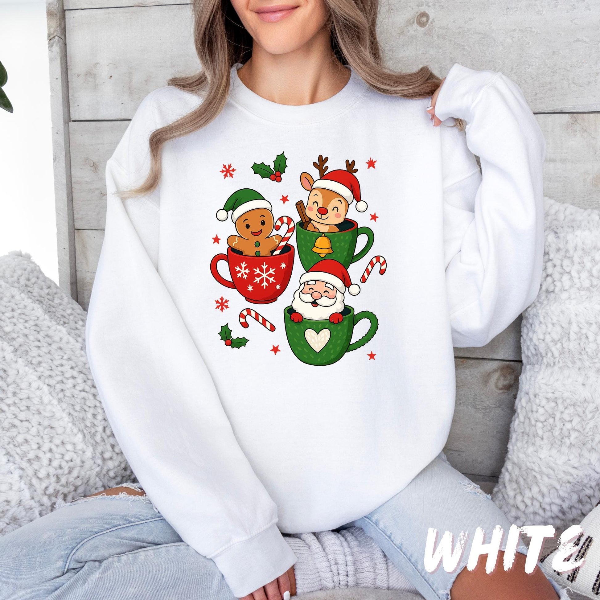 Christmas Sweatshirt • Gingerbread, Reindeer & Santa in Holiday Mugs • Cozy Winter Sweater