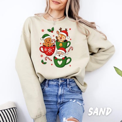 Christmas Sweatshirt • Gingerbread, Reindeer & Santa in Holiday Mugs • Cozy Winter Sweater