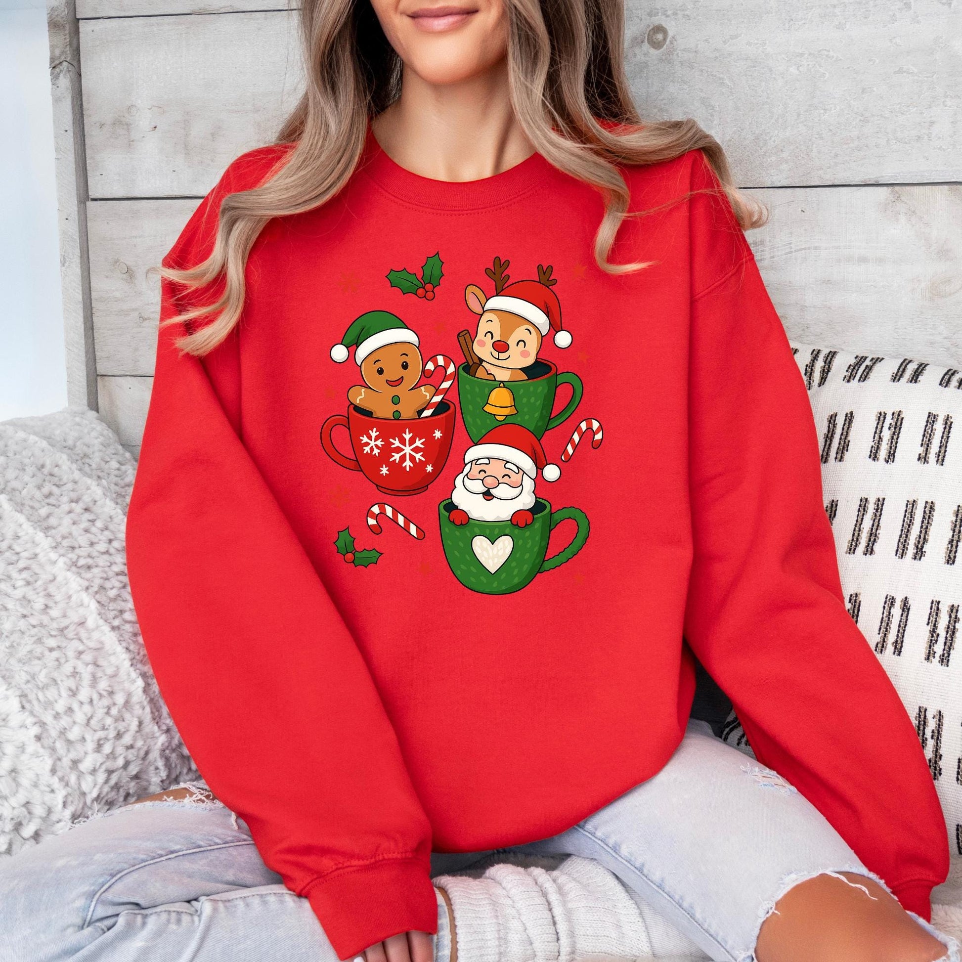 Christmas Sweatshirt • Gingerbread, Reindeer & Santa in Holiday Mugs • Cozy Winter Sweater