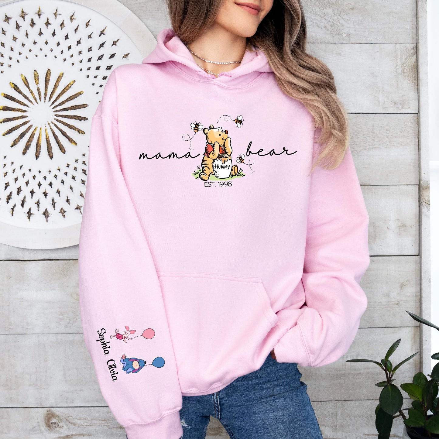 Custom Mama Bear Hoddie – Winnie the Pooh Mom Crewneck, Custom Sleeve Names