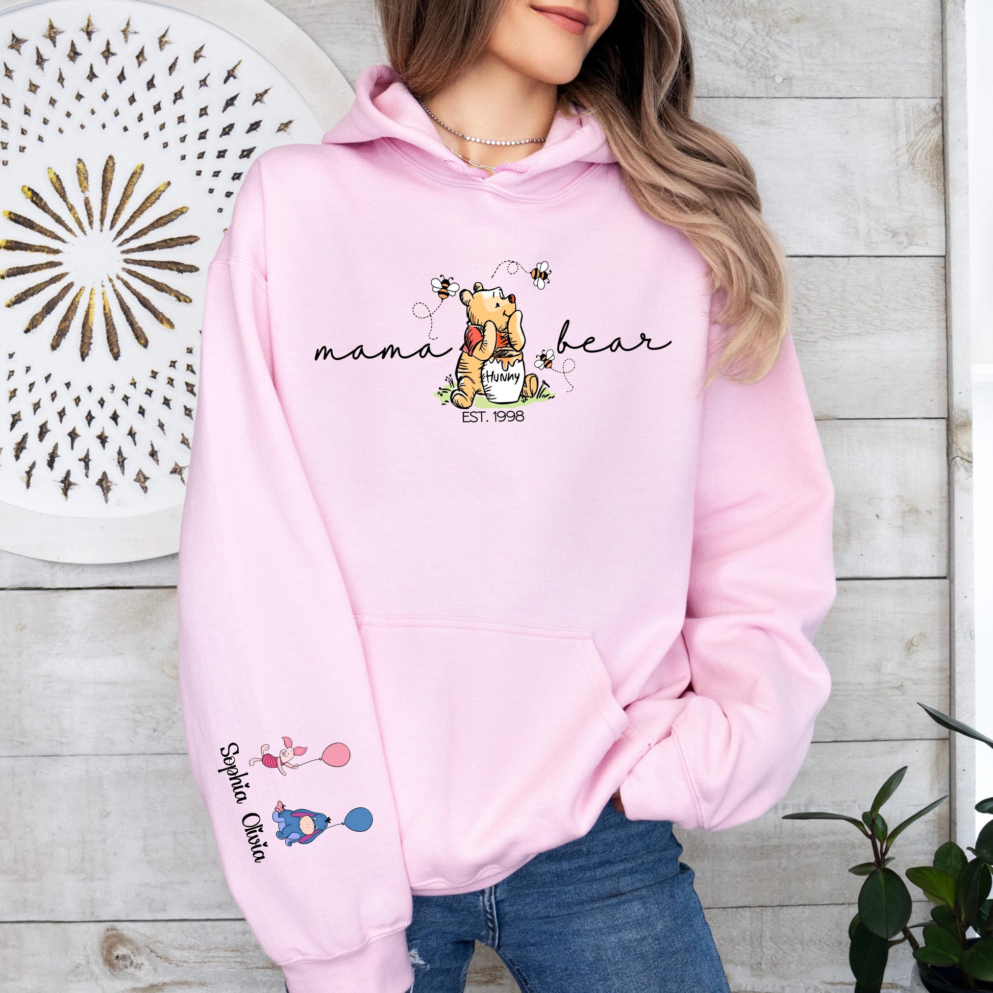 Custom Mama Bear Hoddie – Winnie the Pooh Mom Crewneck, Custom Sleeve Names