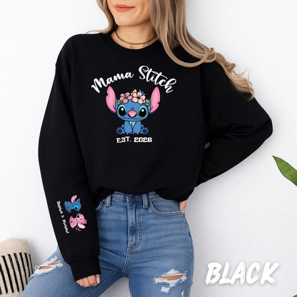 Custom mama Stitch Sweatshirt – Personalized Mom Crewneck, Custom Sleeve Names Hoddie