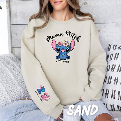 Custom mama Stitch Sweatshirt – Personalized Mom Crewneck, Custom Sleeve Names Hoddie
