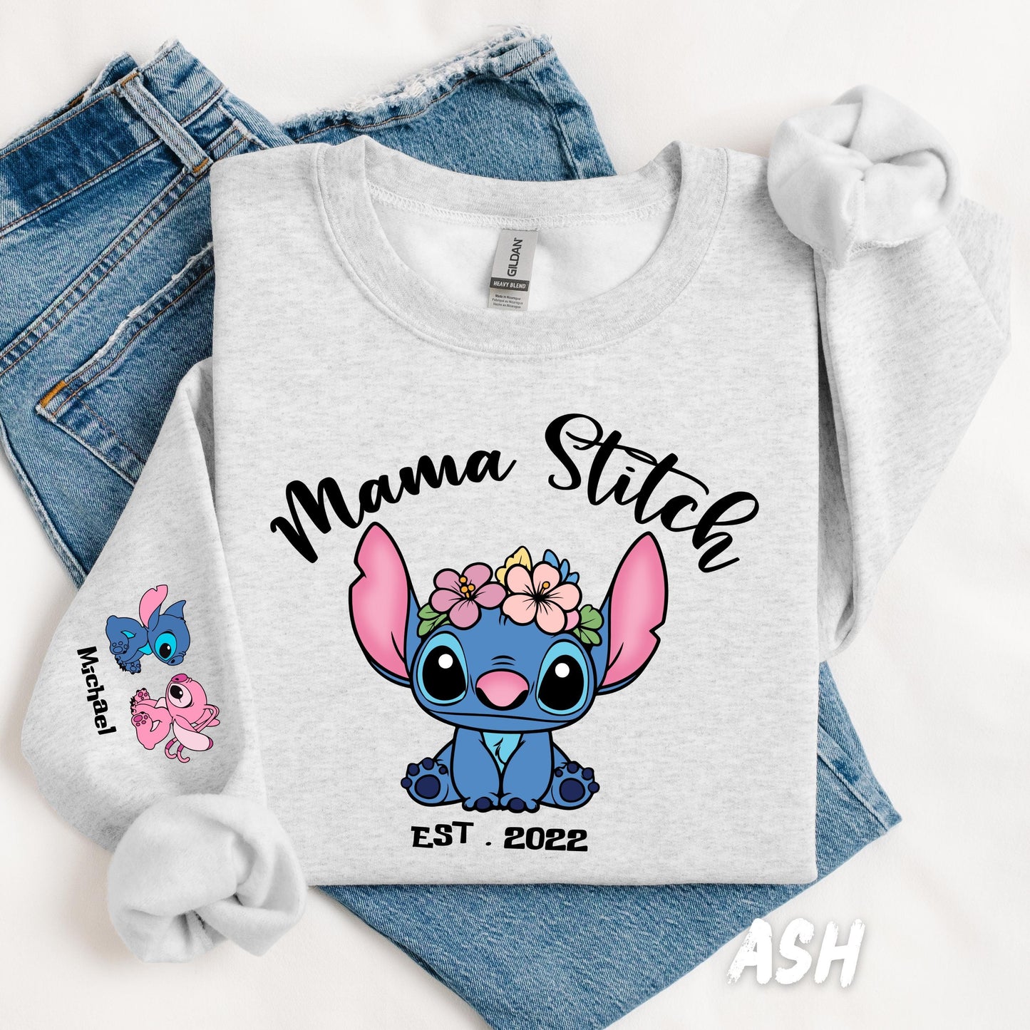 Custom mama Stitch Sweatshirt – Personalized Mom Crewneck, Custom Sleeve Names Hoddie