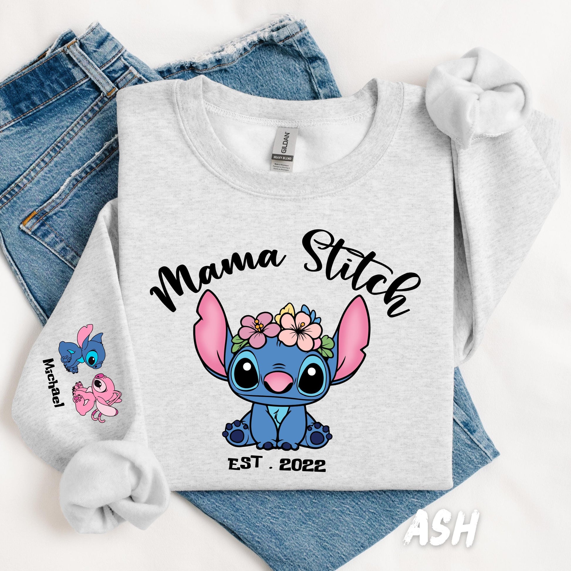Custom mama Stitch Sweatshirt – Personalized Mom Crewneck, Custom Sleeve Names Hoddie