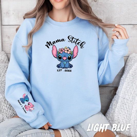 Custom mama Stitch Sweatshirt with Custom Sleeve Names on the sleeve