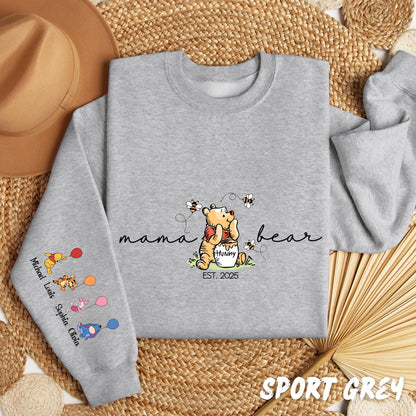 Custom Mama Bear Hoddie – Winnie the Pooh Mom Crewneck, Custom Sleeve Names