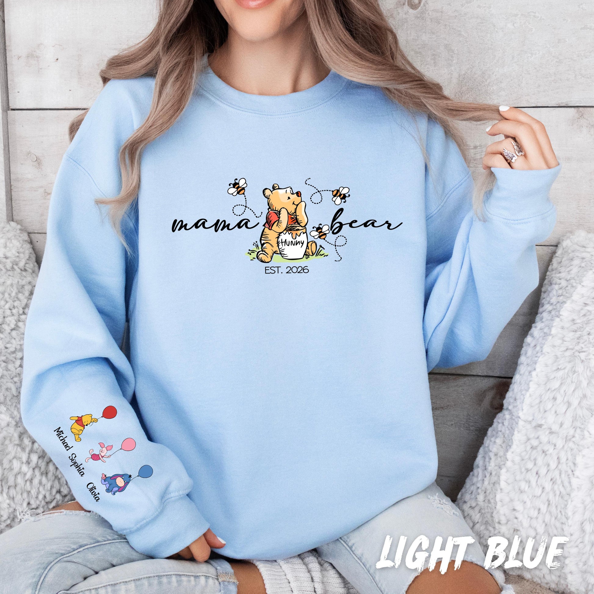 Custom Mama Bear Hoddie – Winnie the Pooh Mom Crewneck, Custom Sleeve Names