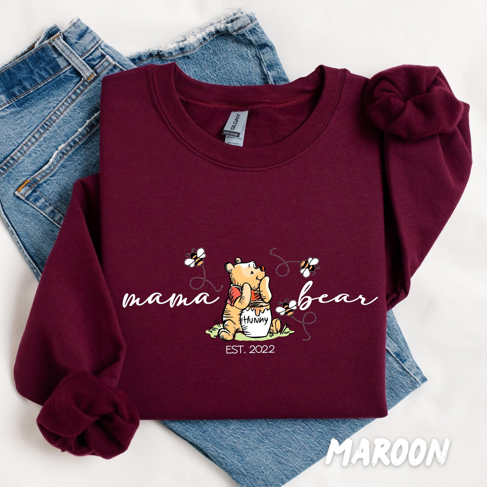Custom Mama Bear Hoddie – Winnie the Pooh Mom Crewneck, Custom Sleeve Names