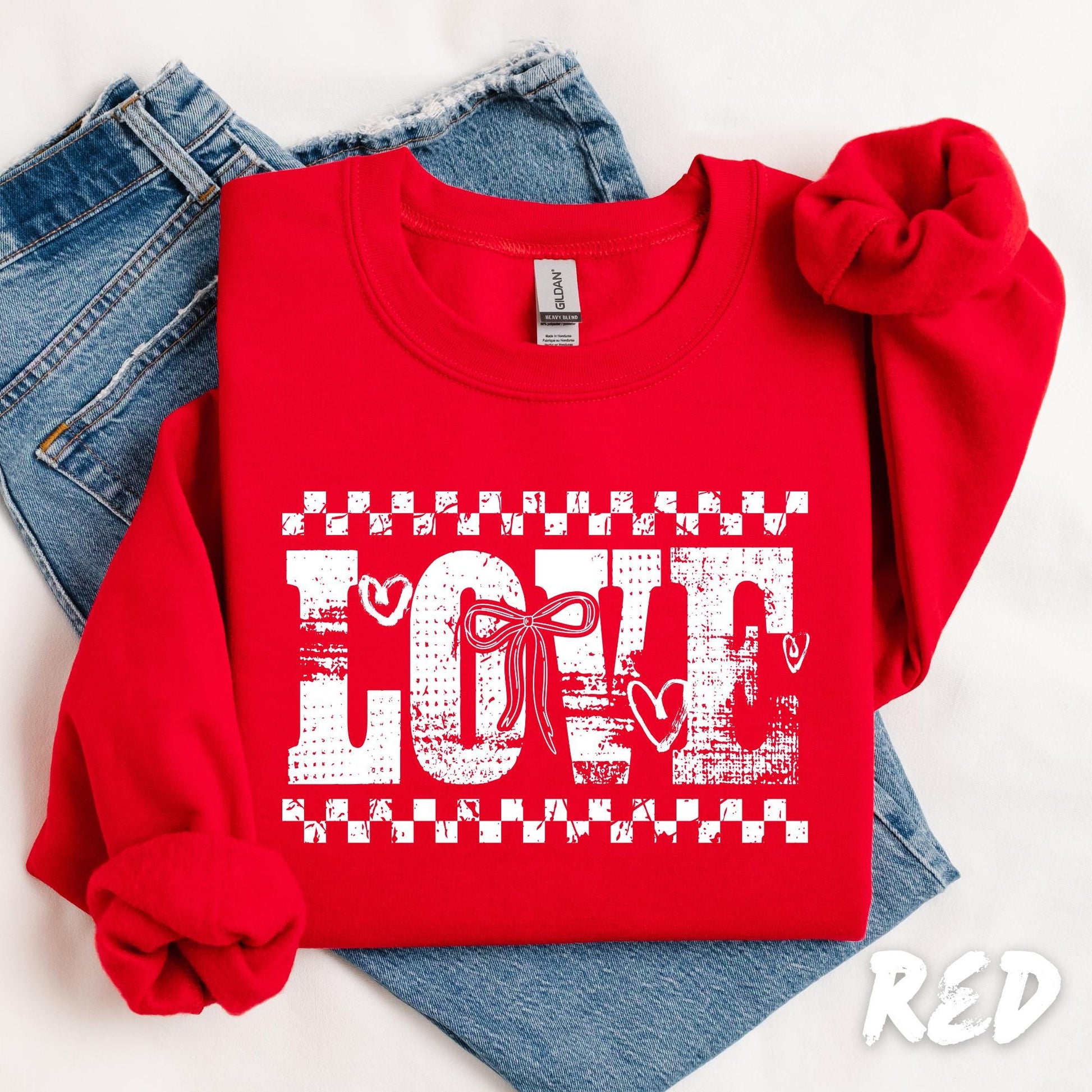 LOVE Sweatshirt with Bow – Valentine’s Day Crewneck, Romantic Graphic Pullover, Gift for Her