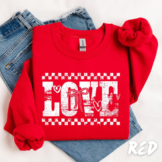 LOVE Sweatshirt with Bow – Valentine’s Day Crewneck, Romantic Graphic Pullover, Gift for Her
