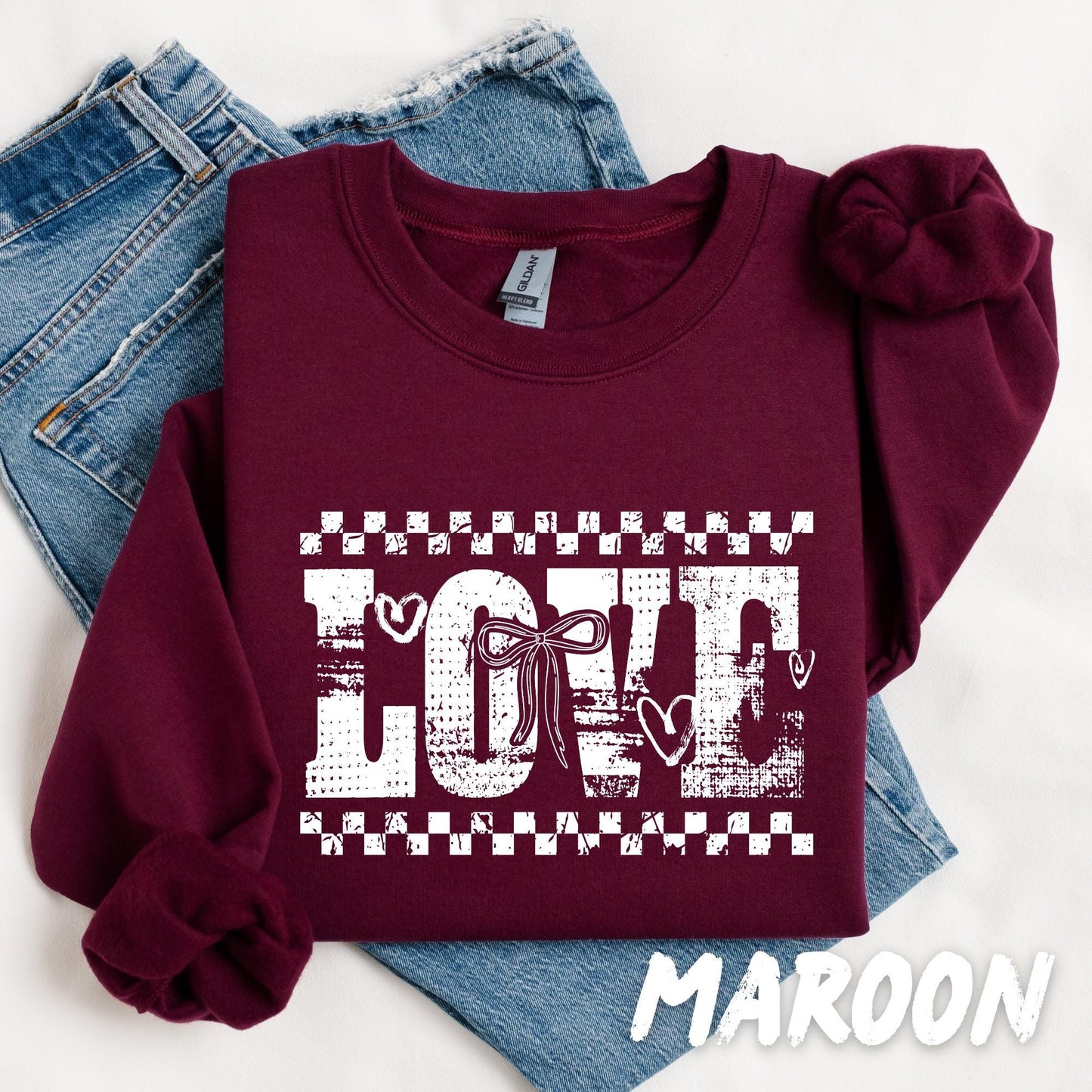 LOVE Sweatshirt with Bow – Valentine’s Day Crewneck, Romantic Graphic Pullover, Gift for Her