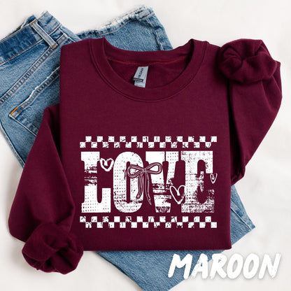 LOVE Sweatshirt with Bow – Valentine’s Day Crewneck, Romantic Graphic Pullover, Gift for Her