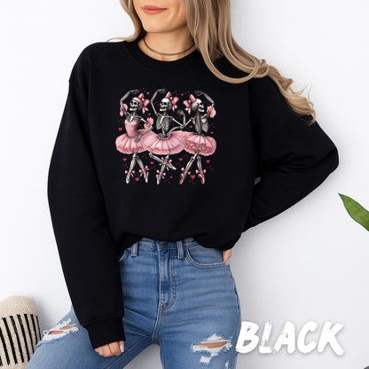 Skeleton Ballerina Sweatshirt – Cute Pink Tutu Dancing Skulls Crewneck, Valentine Goth Aesthetic Gift for Her