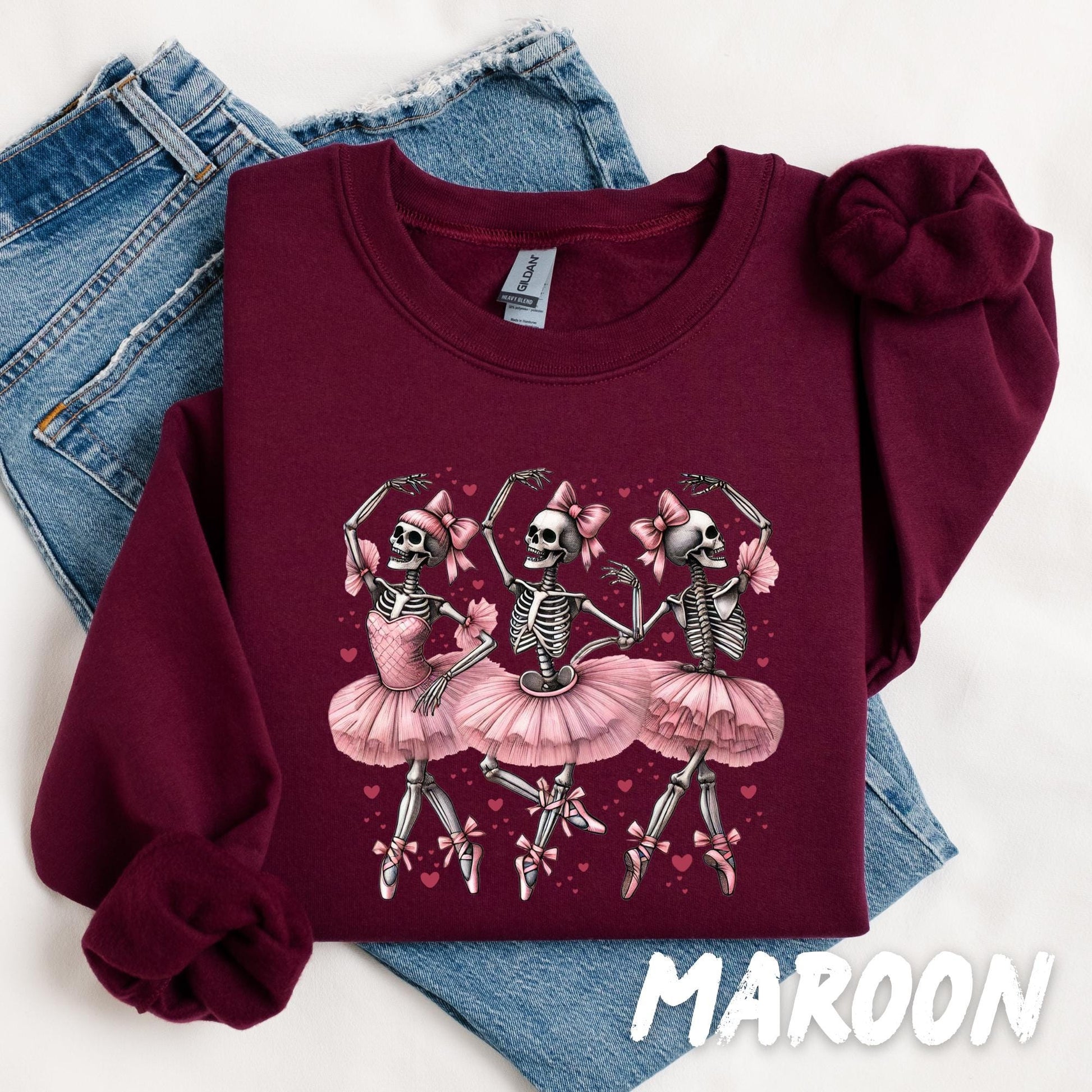 Skeleton Ballerina Sweatshirt – Cute Pink Tutu Dancing Skulls Crewneck, Valentine Goth Aesthetic Gift for Her