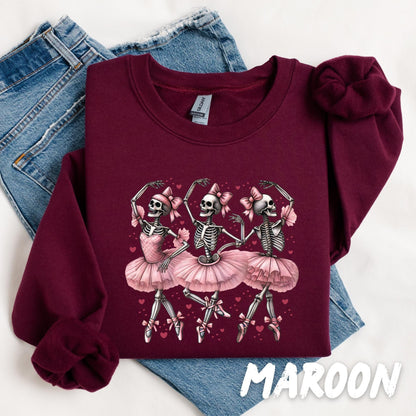Skeleton Ballerina Sweatshirt – Cute Pink Tutu Dancing Skulls Crewneck, Valentine Goth Aesthetic Gift for Her