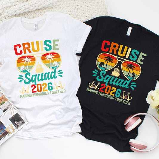 Cruise Squad 2026 t-shirts in black and white, matching cruise group shirts with sunglasses and palm tree design.