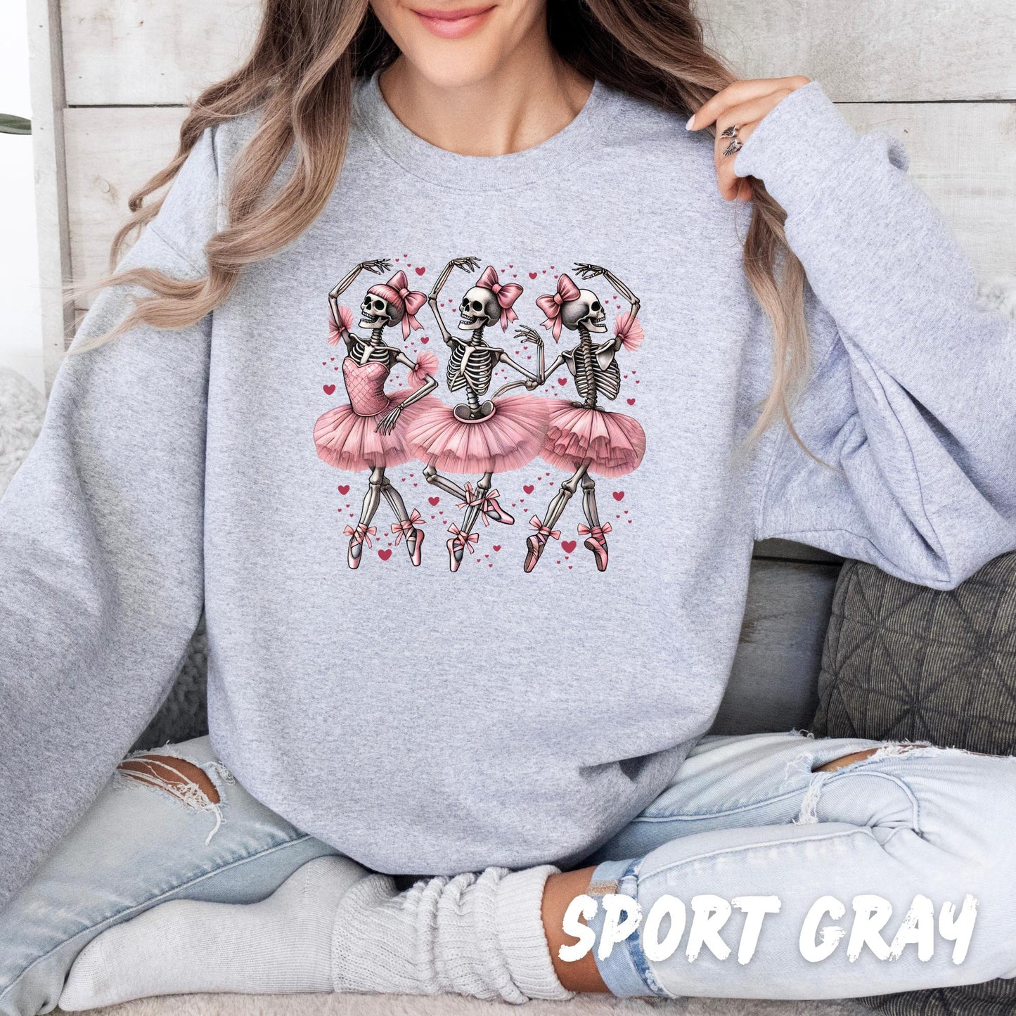 Skeleton Ballerina Sweatshirt – Cute Pink Tutu Dancing Skulls Crewneck, Valentine Goth Aesthetic Gift for Her