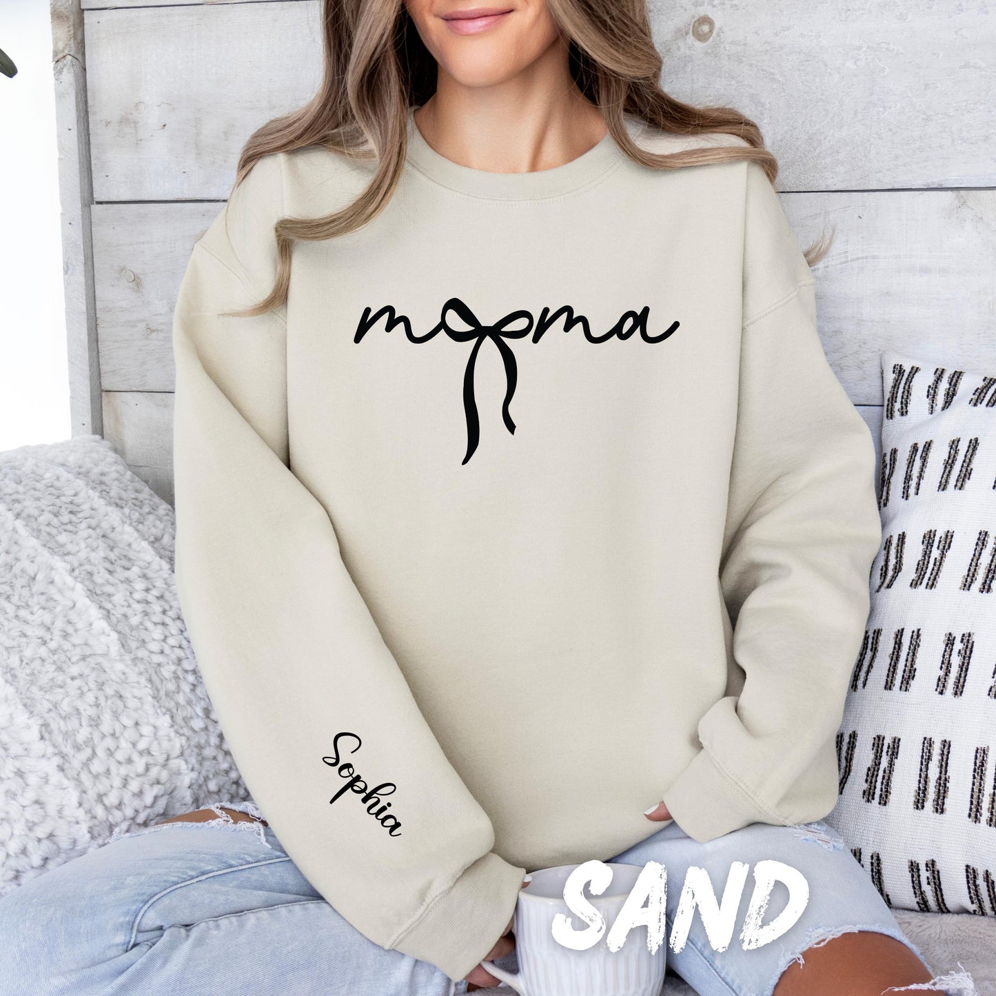 Personalized Mama Sweatshirt, Custom Name on Sleeve, Mama Bow Crewneck, Mother’s Day Gift