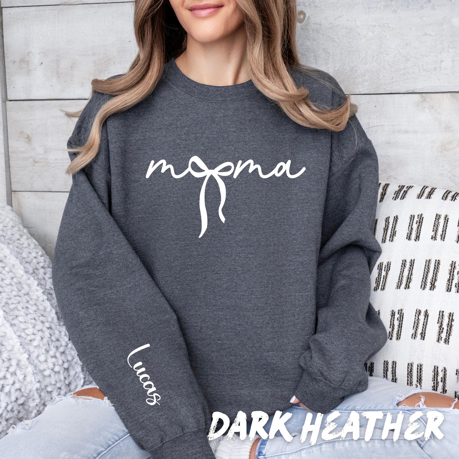 Personalized Mama Sweatshirt, Custom Name on Sleeve, Mama Bow Crewneck, Mother’s Day Gift