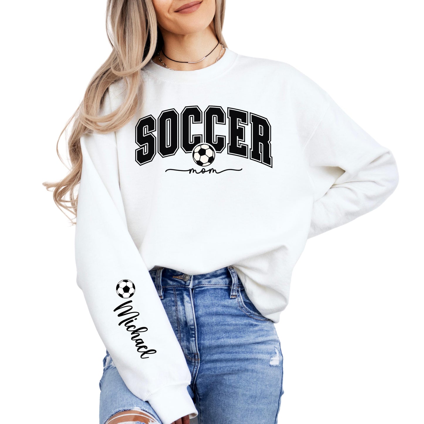 Personalized Soccer Mom Sweatshirt with Name on Sleeve