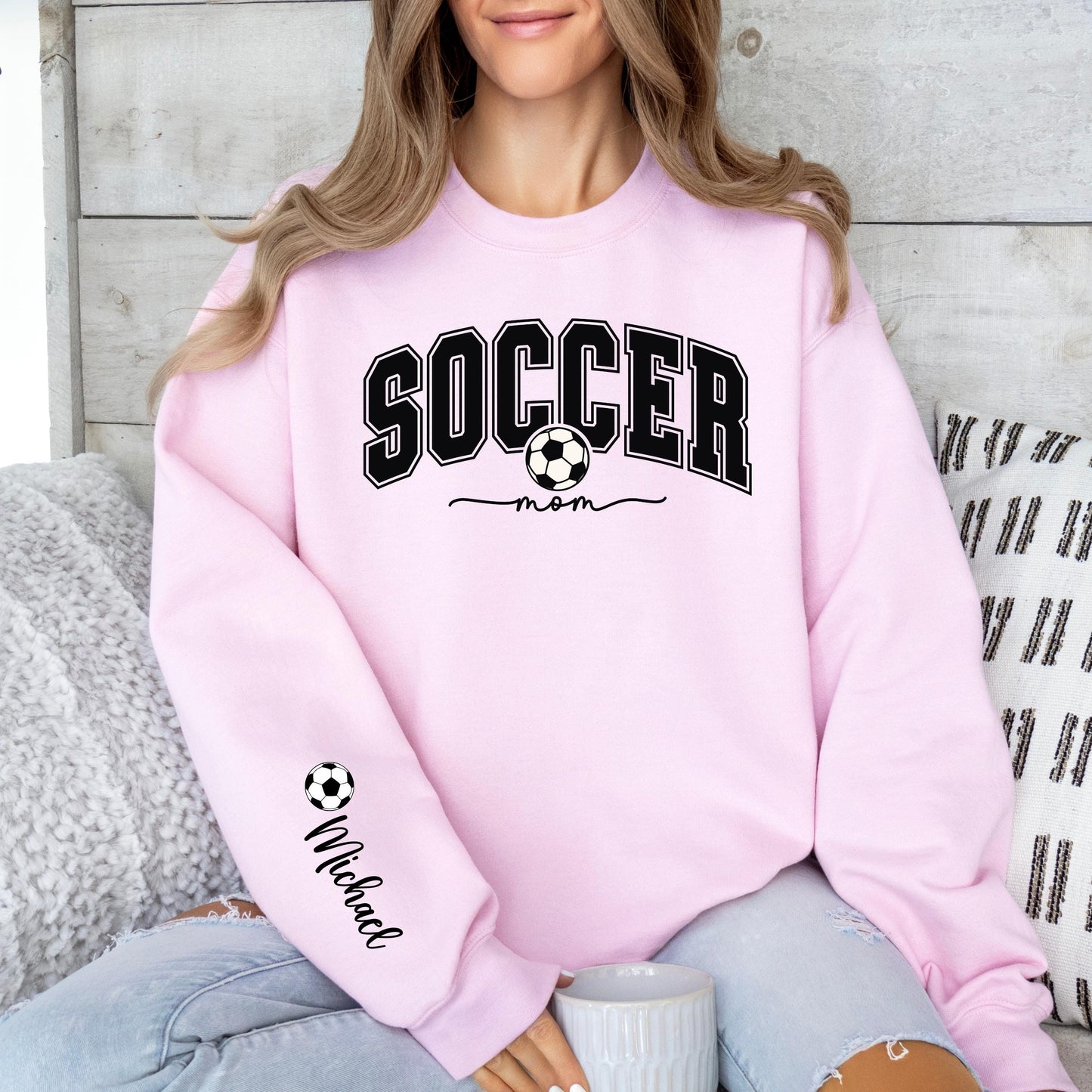 Personalized Soccer Mom Sweatshirt with Name on Sleeve