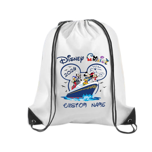 drawstring backpack featuring a Disney Cruise Line design with Mickey Mouse, Minnie Mouse, Goofy, Donald Duck, and Pluto on a cruise ship. The name 'Sophia' is printed in blue below the artwork. The bag is customizable with any name or text, available in different colors and with various Disney-themed images to choose from