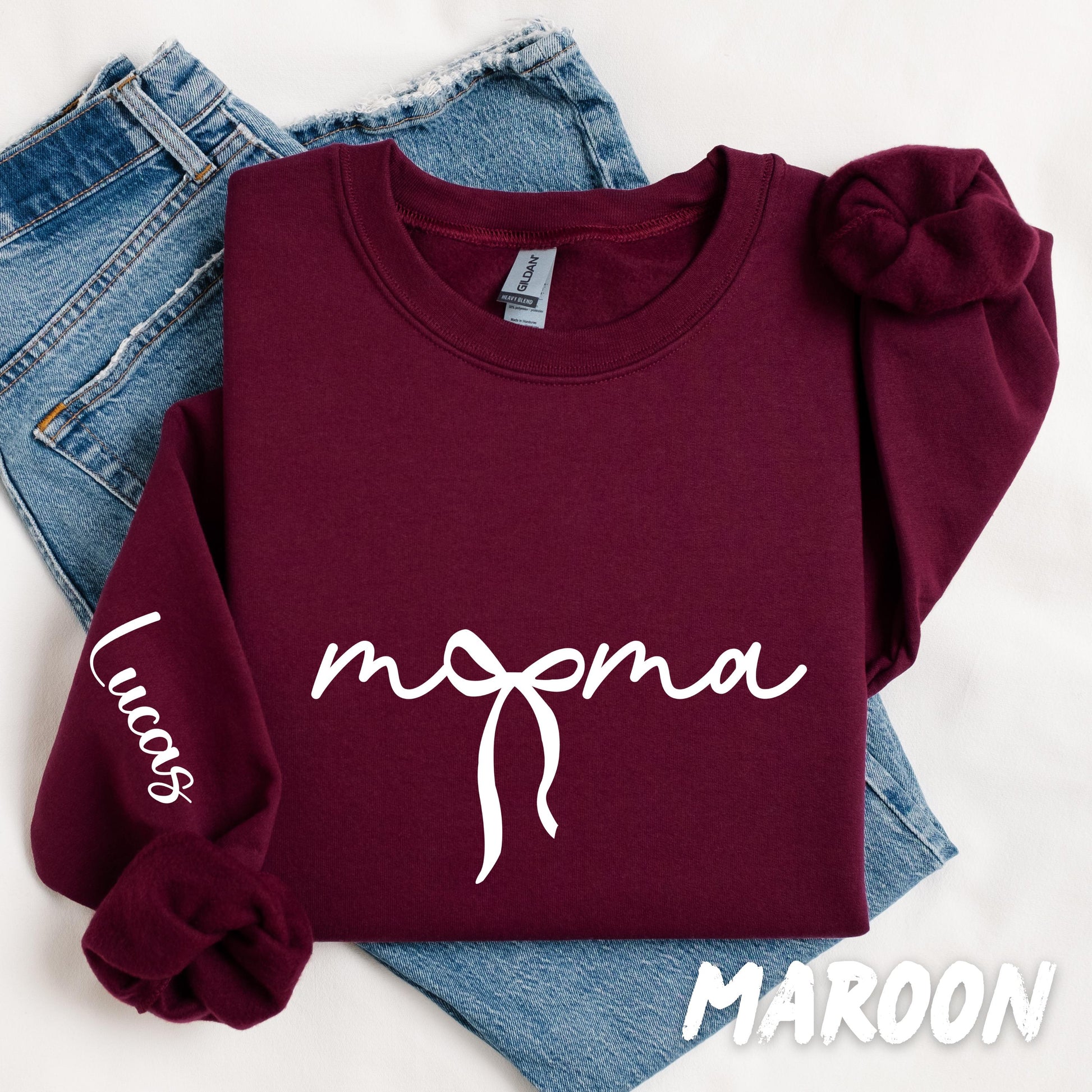 Personalized Mama Sweatshirt, Custom Name on Sleeve, Mama Bow Crewneck, Mother’s Day Gift