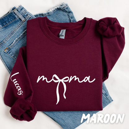 Personalized Mama Sweatshirt, Custom Name on Sleeve, Mama Bow Crewneck, Mother’s Day Gift