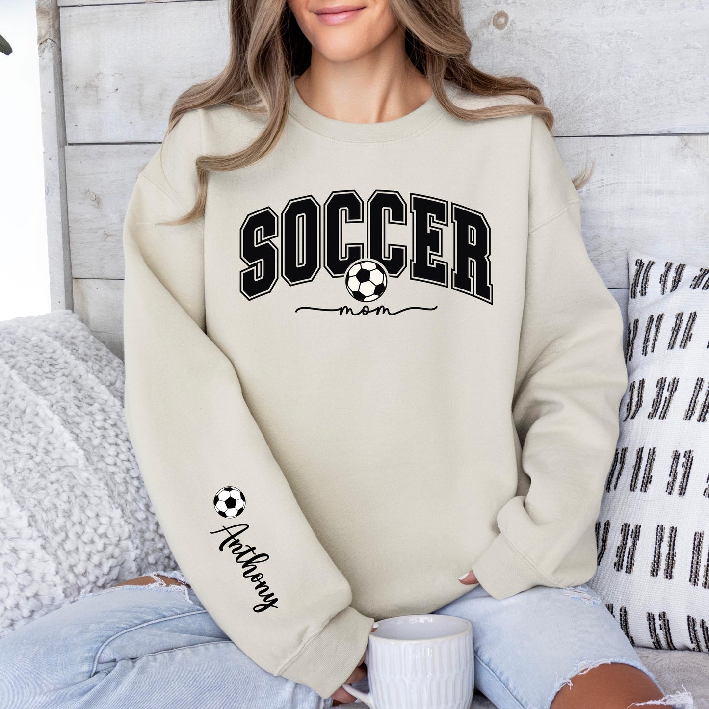 Personalized Soccer Mom Sweatshirt with Name on Sleeve