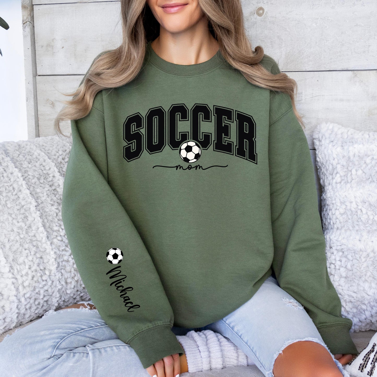 Personalized Soccer Mom Sweatshirt with Name on Sleeve