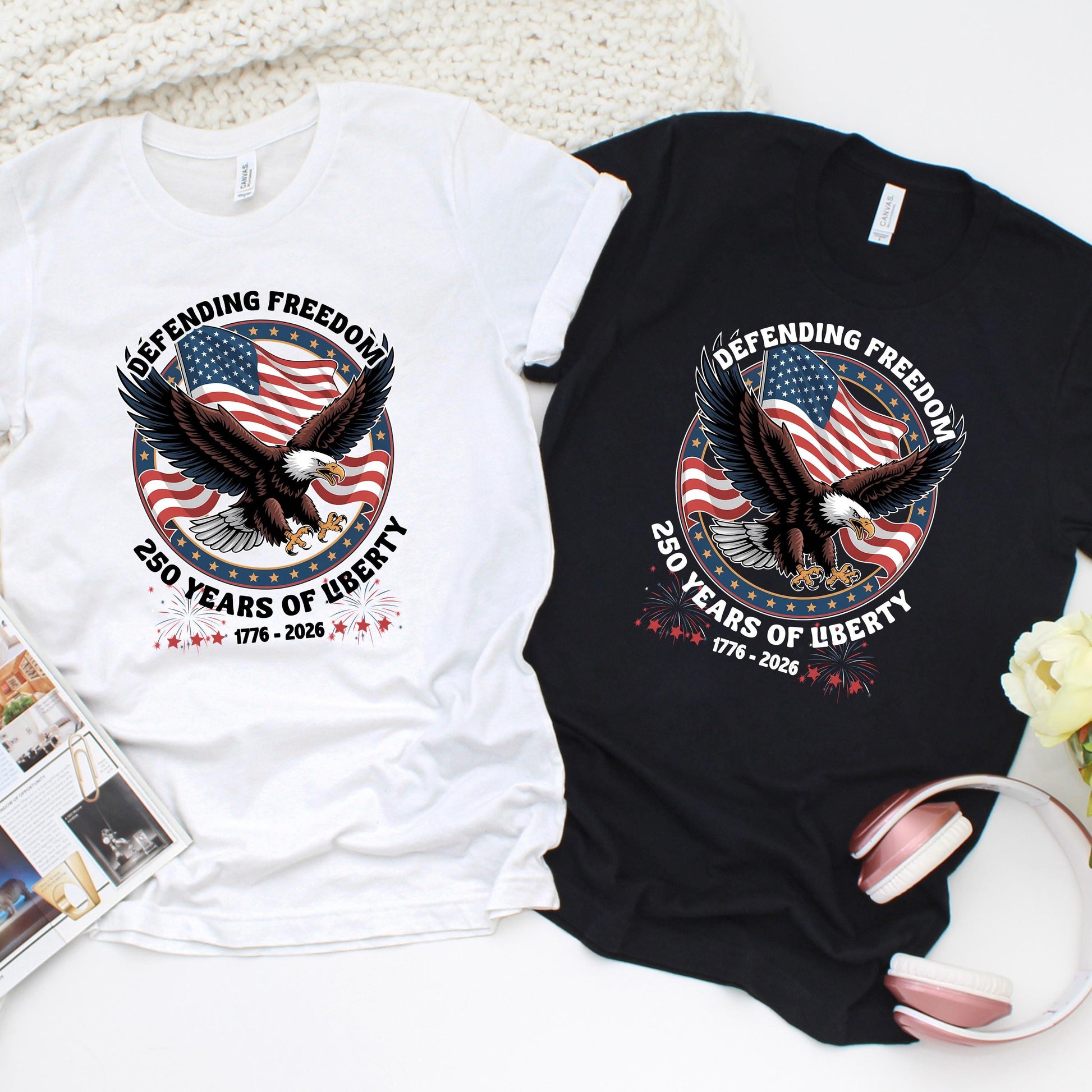Patriotic eagle t-shirt design with American flag, fireworks, and text “Defending Freedom – 250 Years of Liberty 1776-2026”, shown on white and black shirts celebrating the 250th anniversary of American independence.