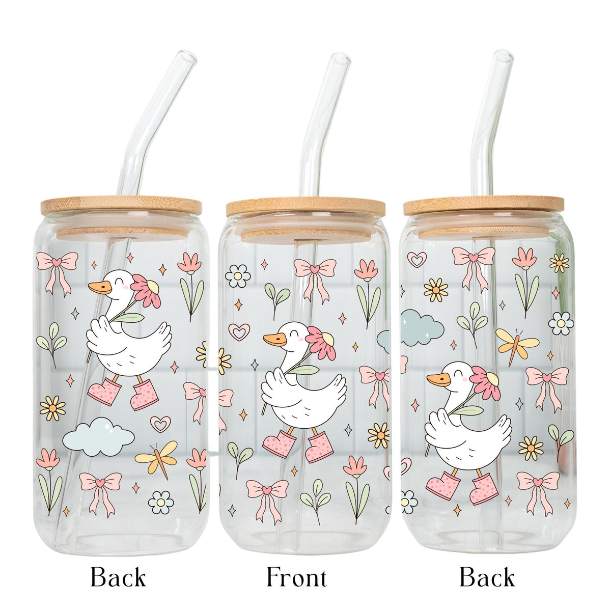 Floral goose Libbey glass cup with bamboo lid and glass straw, cute cottagecore iced coffee cup, aesthetic goose drinkware