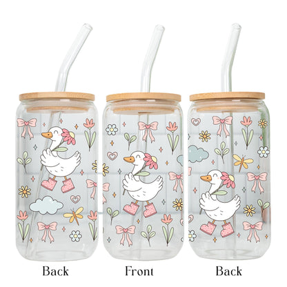 Floral goose Libbey glass cup with bamboo lid and glass straw, cute cottagecore iced coffee cup, aesthetic goose drinkware