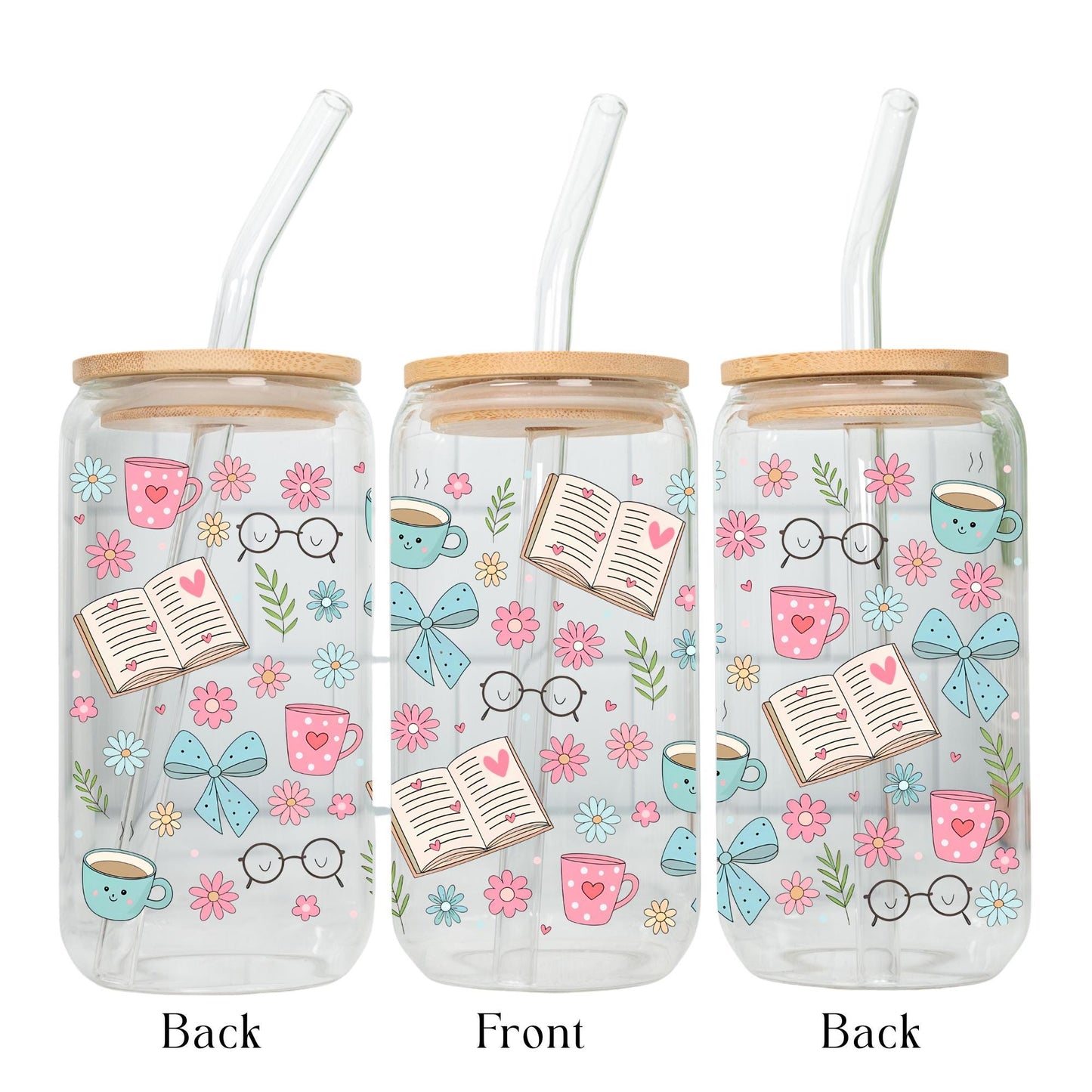 Spring cottagecore book lover glass cup with flowers, books and coffee design, Libbey iced coffee glass with bamboo lid