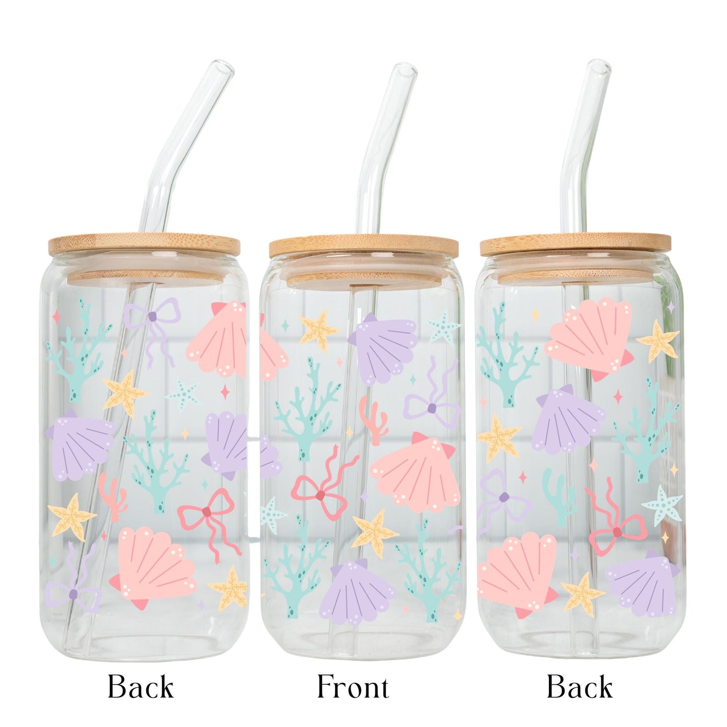 Ocean animals iced coffee glass cup with bamboo lid and glass straw, cute sea creature Libbey can glass, coastal drinkware