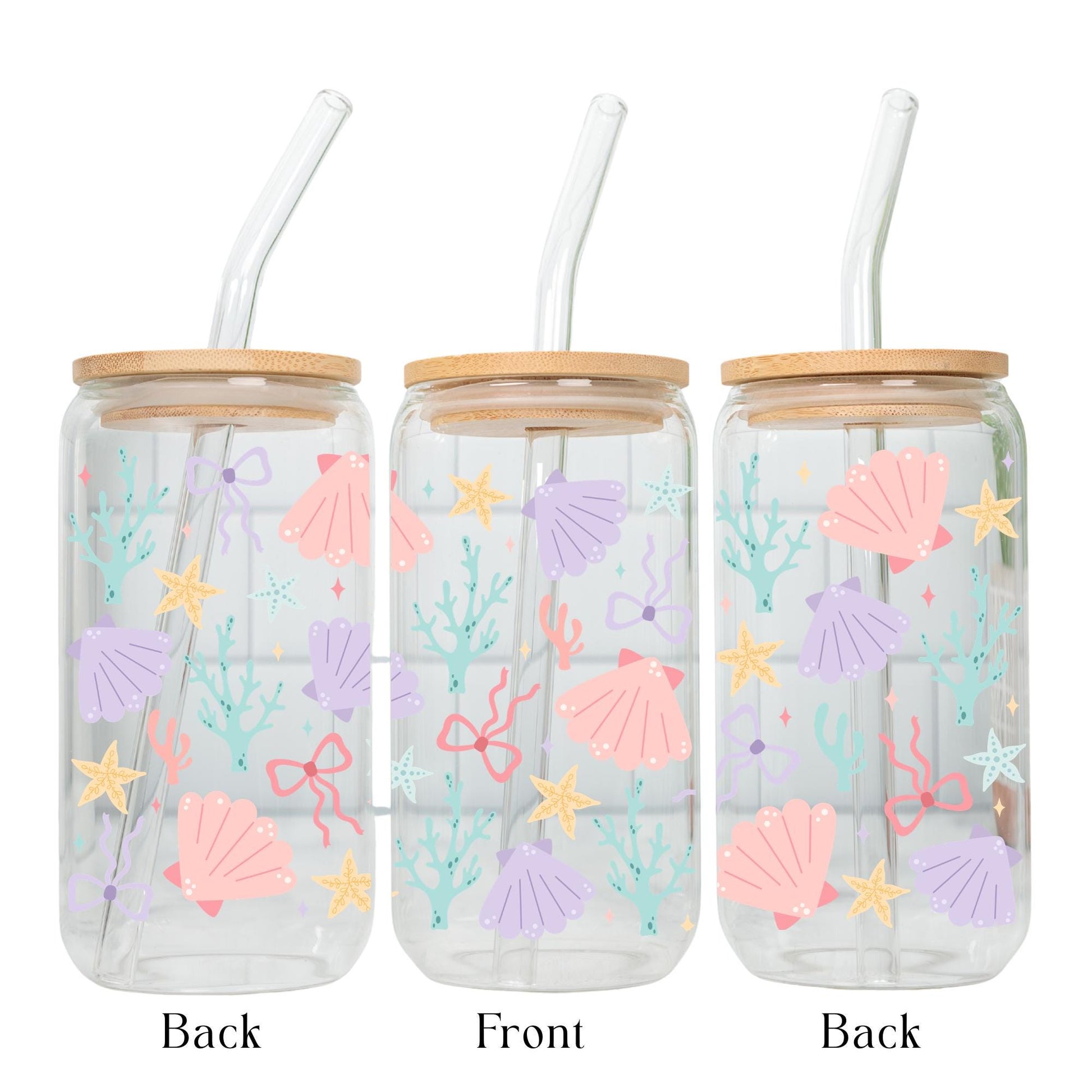 Ocean animals iced coffee glass cup with bamboo lid and glass straw, cute sea creature Libbey can glass, coastal drinkware