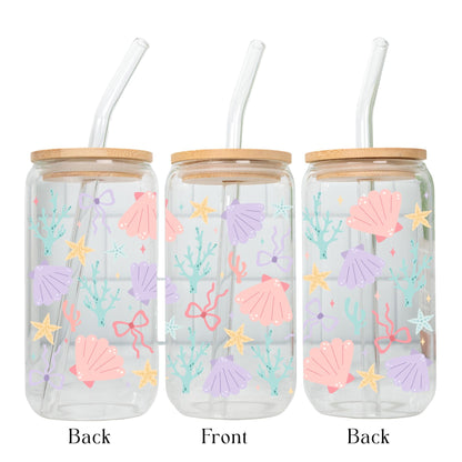 Ocean animals iced coffee glass cup with bamboo lid and glass straw, cute sea creature Libbey can glass, coastal drinkware